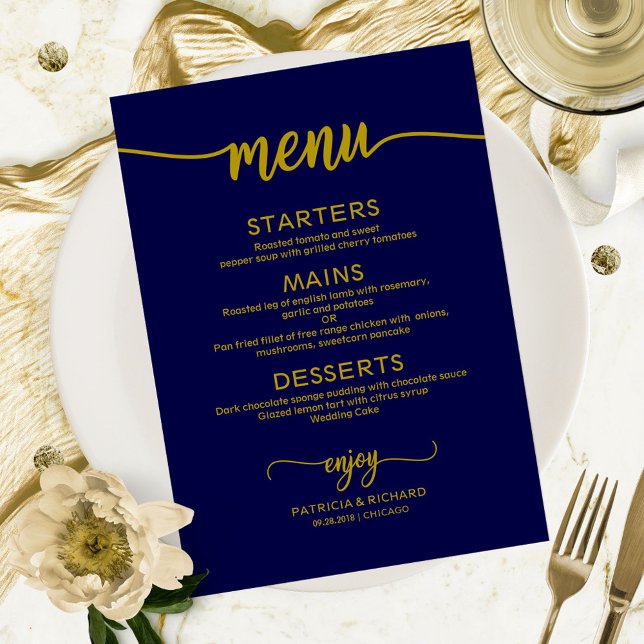 Elegant Gold Navy Blue Script Wedding Menu (Creator Uploaded)