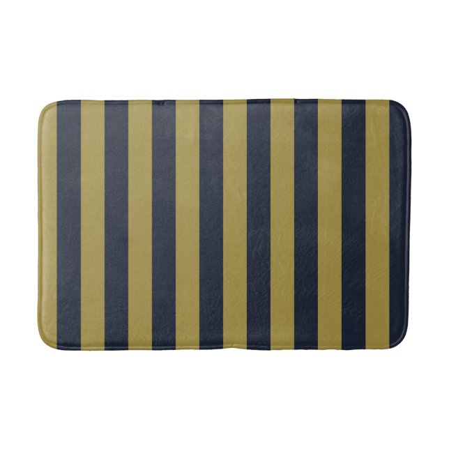 Elegant Gold & Navy Blue Vertical Stripes Bath Mat (Front)