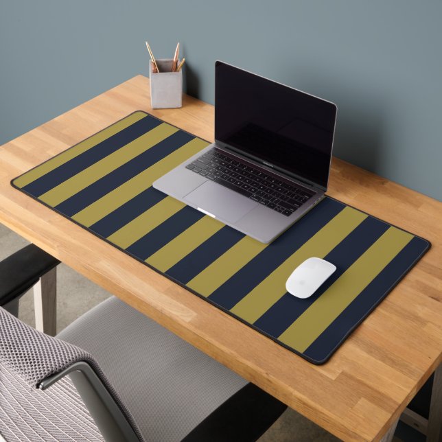 Elegant Gold & Navy Blue Vertical Stripes Desk Mat (Office 2)