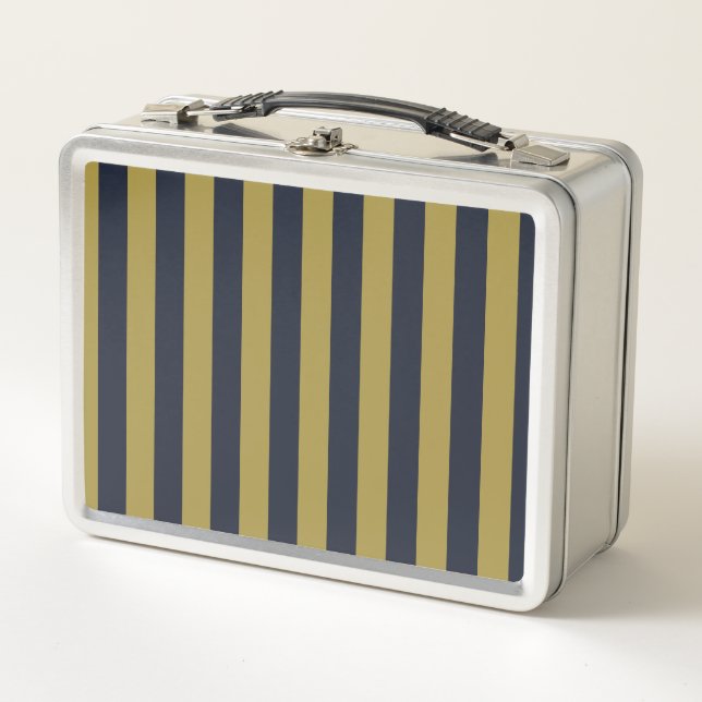 Elegant Gold & Navy Blue Vertical Stripes Metal Lunch Box (Front)