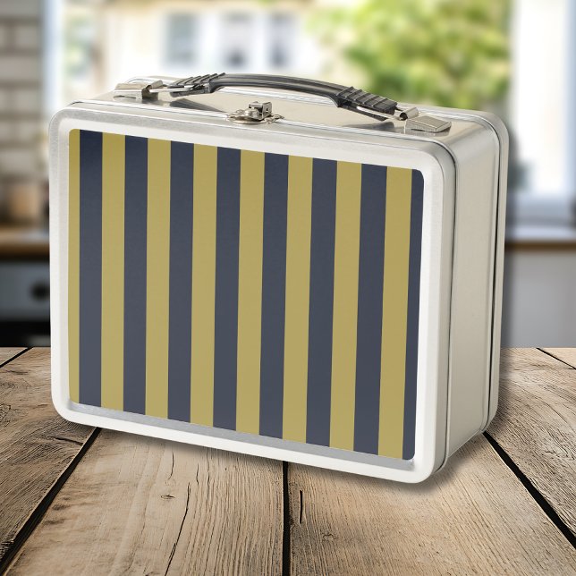Elegant Gold & Navy Blue Vertical Stripes Metal Lunch Box (Creator Uploaded)