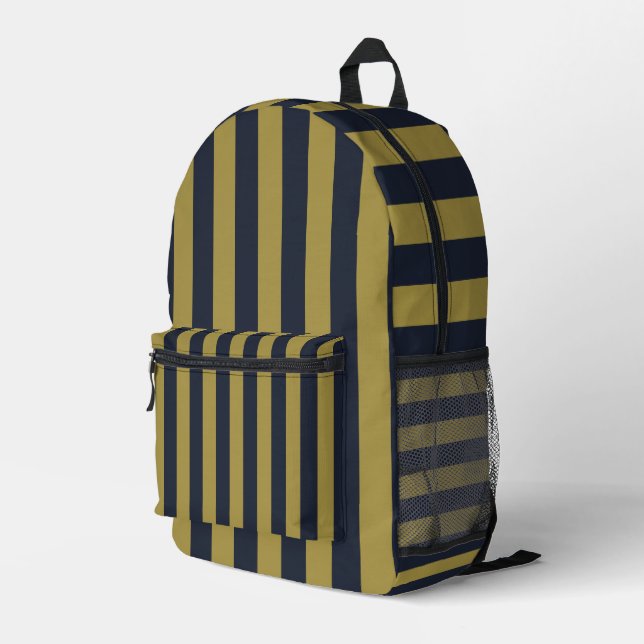 Elegant Gold & Navy Blue Vertical Stripes Printed Backpack (Back Corner Right)