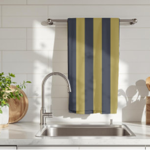 Elegant Gold & Navy Blue Vertical Stripes Tea Towel