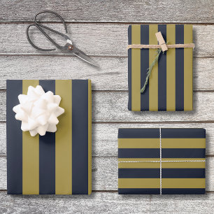 Elegant Gold & Navy Blue Vertical Stripes Wrapping Paper Sheet