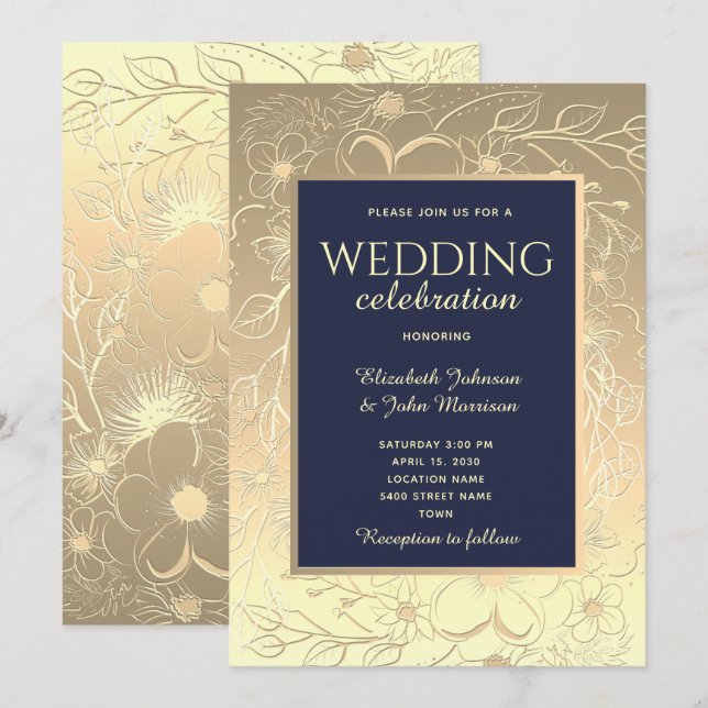 Elegant Gold Navy Blue Wedding Invitation (Front/Back)