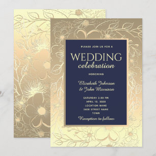 Elegant Gold Navy Blue Wedding Invitation