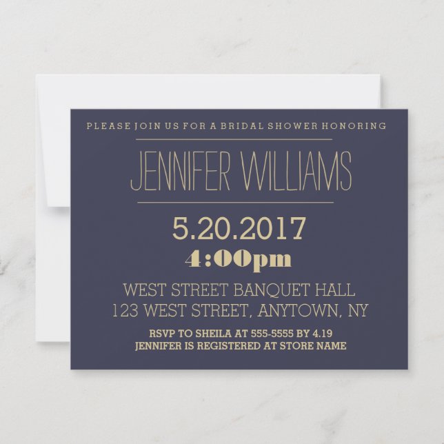 Elegant gold navy bridal shower invitations (Front)