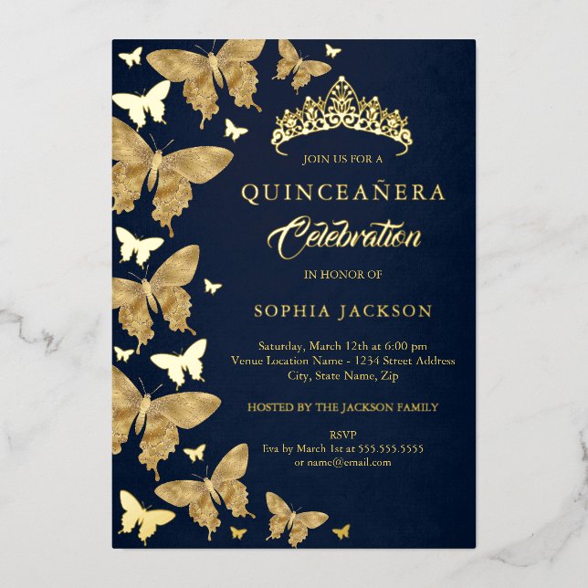 Elegant Gold Navy Butterfly Quinceanera (Front)