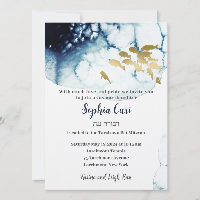 Elegant Gold Navy Fish Underwater Sea Bat Mitzvah Invitation (Front)