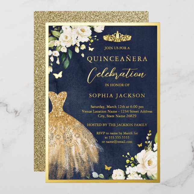 Elegant Gold Navy Floral Tiara Dress Quinceanera  (Front/Back)