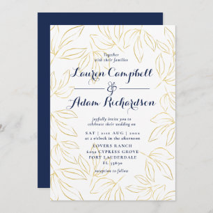 Elegant Gold & Navy Foliage Calligraphy Wedding Invitation