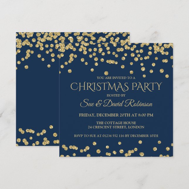 Elegant Gold Navy Glitter Christmas Holiday Party Invitation (Front/Back)