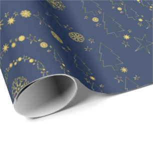 Elegant Gold Navy Handrawn Chrismas Patterns Wrapping Paper