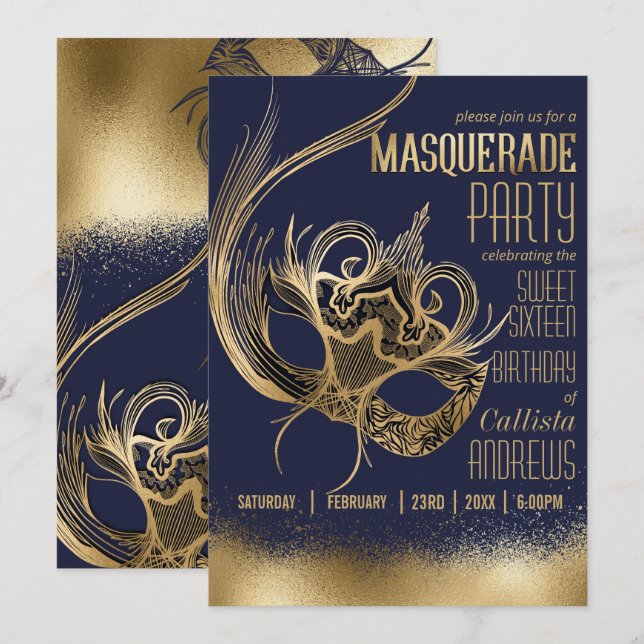 Elegant Gold Navy Masquerade Mask Sweet Sixteen Invitation (Front/Back)