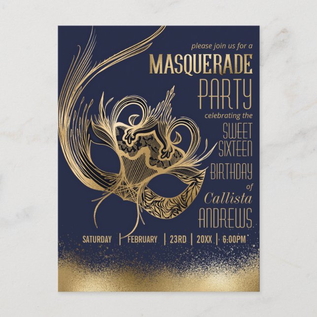 Elegant Gold Navy Masquerade Mask Sweet Sixteen Invitation Postcard (Front)