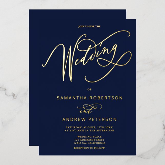 Elegant gold navy minimalist calligraphy wedding (Front/Back)