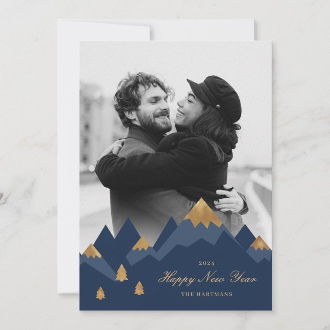 Elegant Gold Navy Mountains Photo New Year  Holiday Card (Front)
