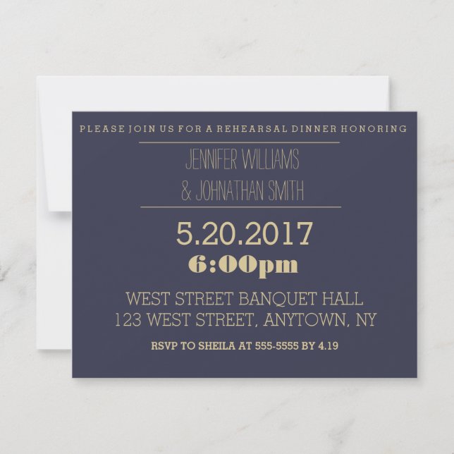 Elegant gold navy rehearsal dinner invitations (Front)