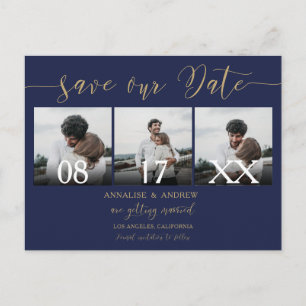 Elegant gold navy script 3 photos save the date postcard