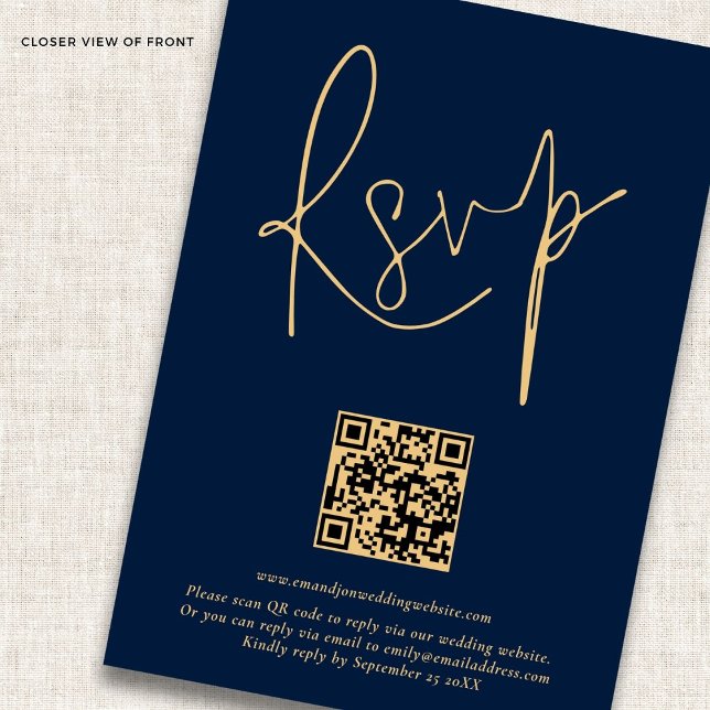 Elegant Gold Navy Script Qr Code Wedding RSVP Card (closer view)