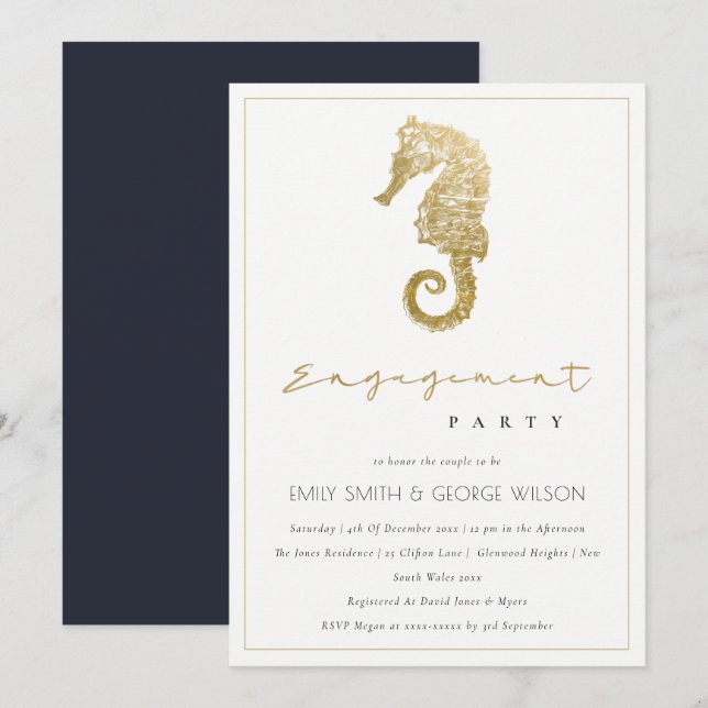 ELEGANT GOLD NAVY SEAHORSE ENGAGEMENT PARTY INVITE (Front/Back)