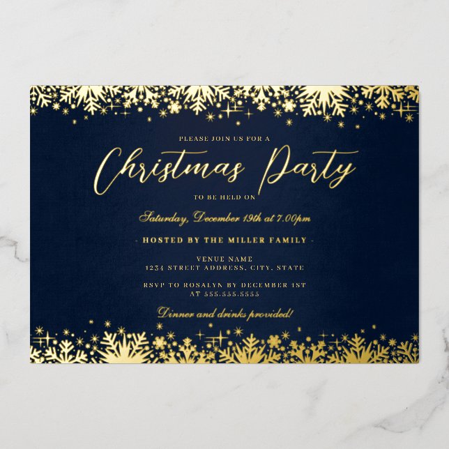 Elegant Gold Navy Snowflake Christmas Party (Front)