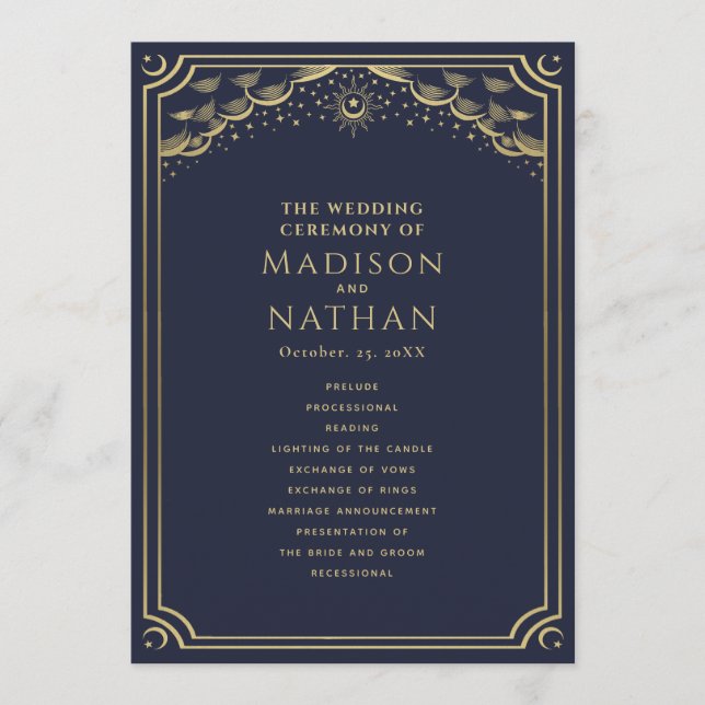 Elegant Gold & Navy Tarot Wedding Programme (Front)