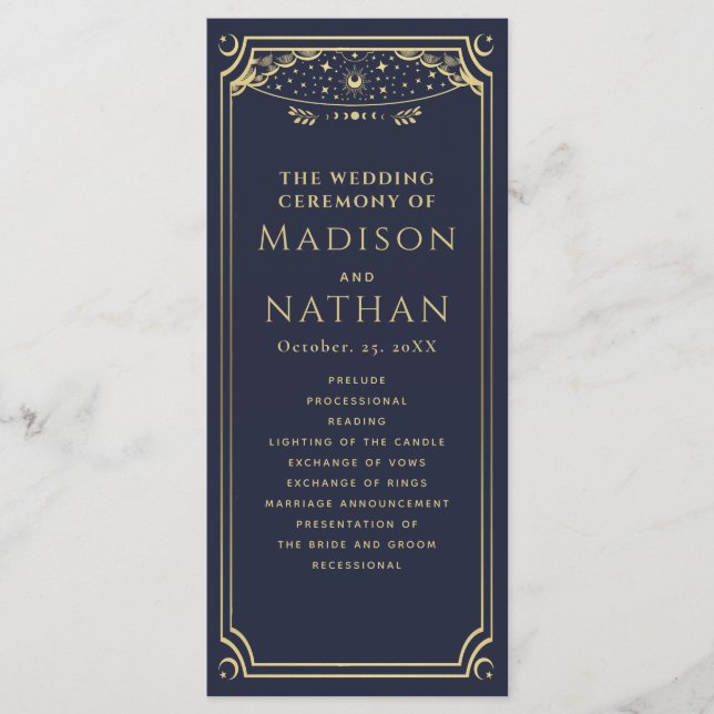 Elegant Gold & Navy Tarot Wedding  Programme (Front)
