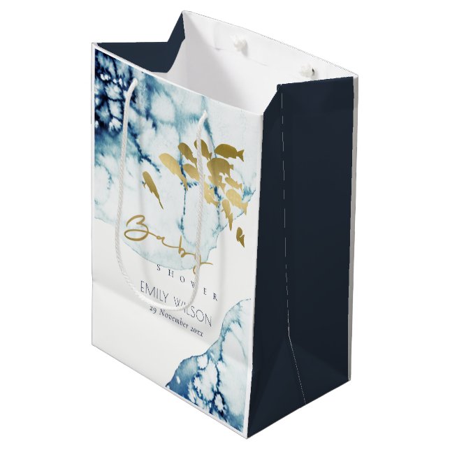 ELEGANT GOLD NAVY UNDERWATER  FISH BABY SHOWER MEDIUM GIFT BAG (Front Angled)