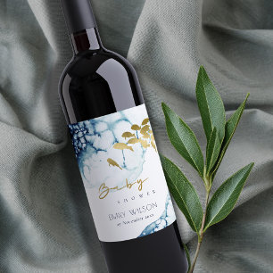 ELEGANT GOLD NAVY UNDERWATER FISH BABY SHOWER WINE LABEL
