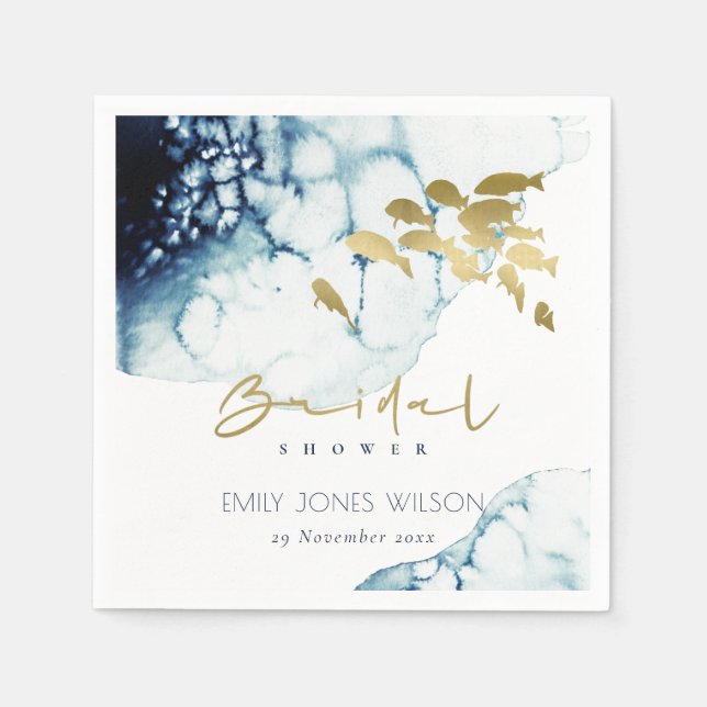 ELEGANT GOLD NAVY UNDERWATER  FISH BRIDAL SHOWER NAPKIN (Front)