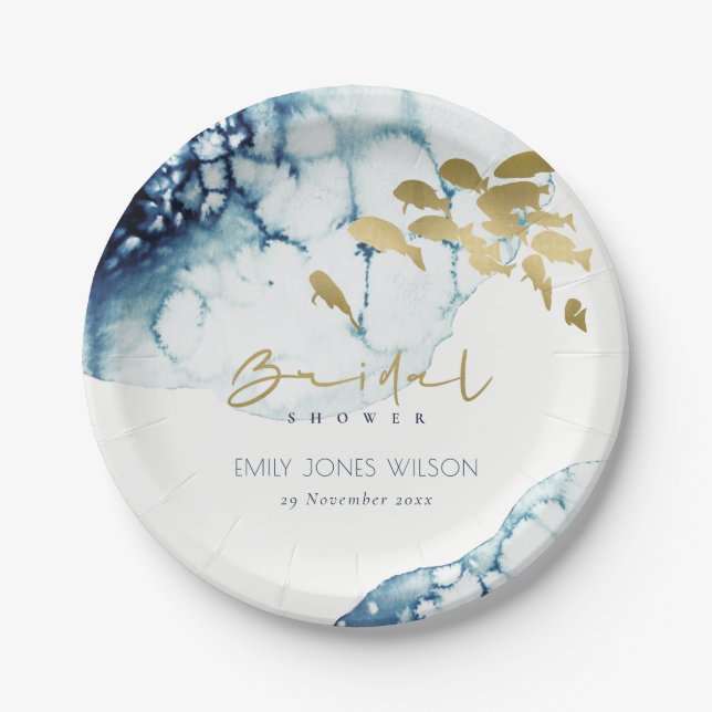 ELEGANT GOLD NAVY UNDERWATER  FISH BRIDAL SHOWER  PAPER PLATE (Front)
