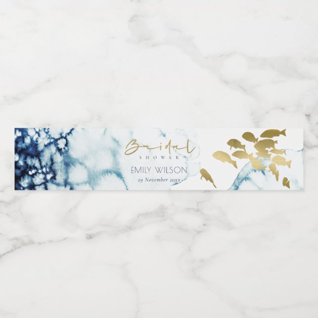 ELEGANT GOLD NAVY UNDERWATER FISH BRIDAL SHOWER WATER BOTTLE LABEL (Single Label)