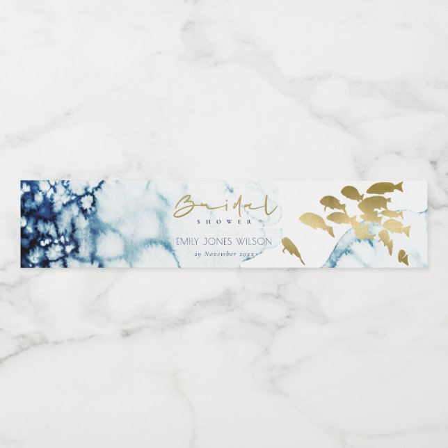 ELEGANT GOLD NAVY UNDERWATER FISH BRIDAL SHOWER WATER BOTTLE LABEL (Single Label)