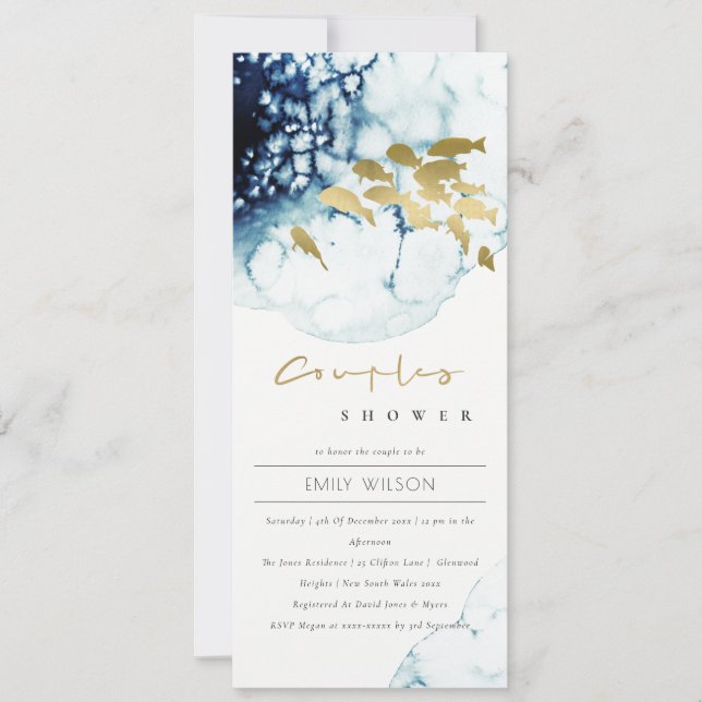 ELEGANT GOLD NAVY UNDERWATER  FISH COUPLES SHOWER INVITATION (Front)