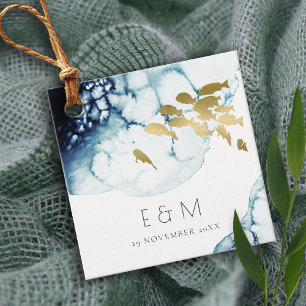 ELEGANT GOLD NAVY UNDERWATER FISH MONOGRAM WEDDING FAVOUR TAGS
