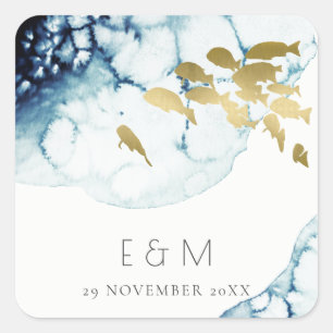ELEGANT GOLD NAVY UNDERWATER FISH MONOGRAM WEDDING SQUARE STICKER