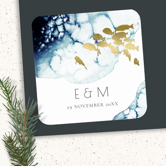 ELEGANT GOLD NAVY UNDERWATER FISH MONOGRAM WEDDING SQUARE STICKER (Creator Uploaded)