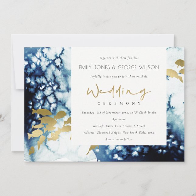 ELEGANT GOLD NAVY UNDERWATER FISH WEDDING INVITE (Front)