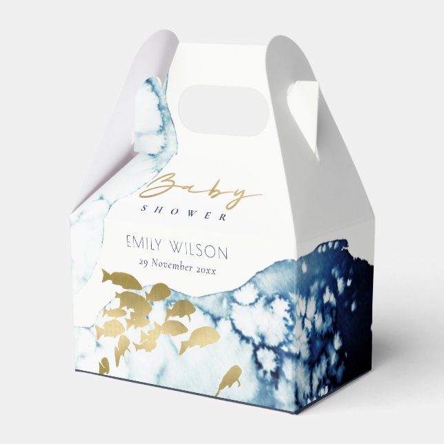 ELEGANT GOLD NAVY UNDERWATER SEA FISH BABY SHOWER FAVOUR BOX (Front Side)