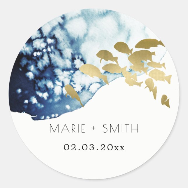 Elegant Gold Navy Underwater Sea Fish Wedding Classic Round Sticker (Front)