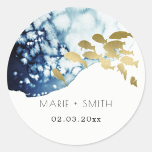 Elegant Gold Navy Underwater Sea Fish Wedding Classic Round Sticker
