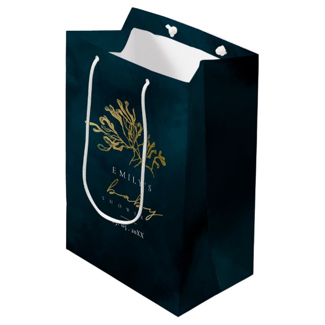 ELEGANT GOLD NAVY UNDERWATER SEAWEED BABY SHOWER MEDIUM GIFT BAG (Front Angled)