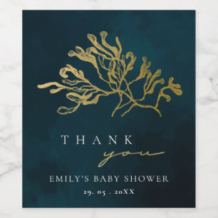 ELEGANT GOLD NAVY UNDERWATER SEAWEED BABY SHOWER WINE LABEL