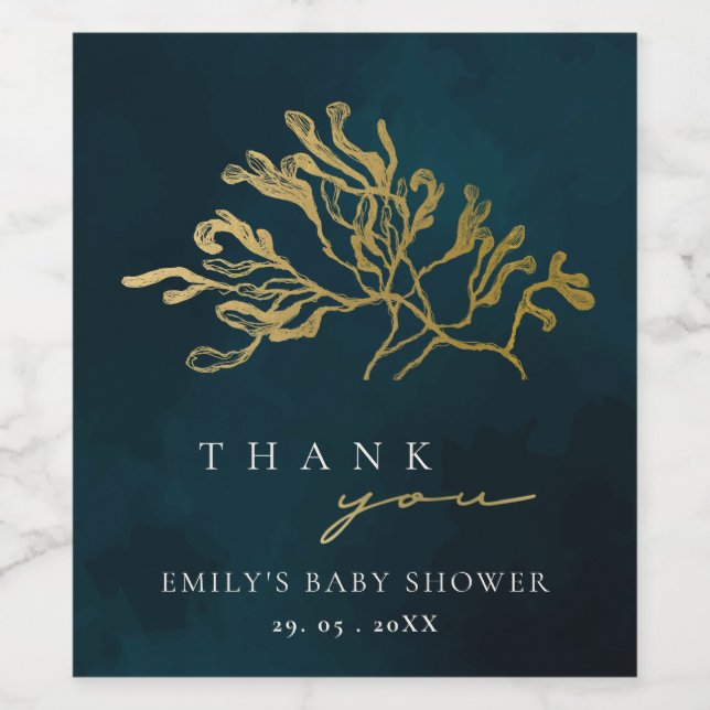 ELEGANT GOLD NAVY UNDERWATER SEAWEED BABY SHOWER WINE LABEL (Single Label)