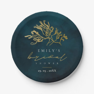 ELEGANT GOLD NAVY UNDERWATER SEAWEED BRIDAL SHOWER PAPER PLATE