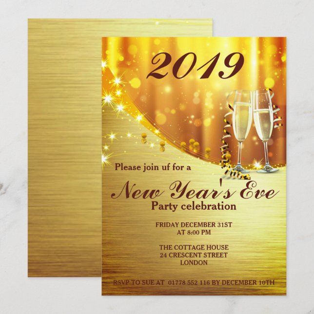 Elegant Gold New Year`s Eve Party Invite (Front/Back)