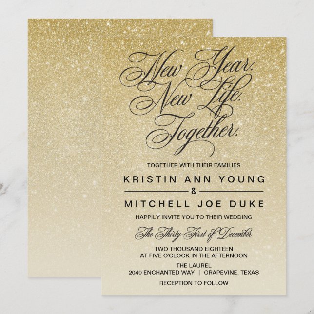 Elegant Gold New Years Eve Wedding Invitation (Front/Back)