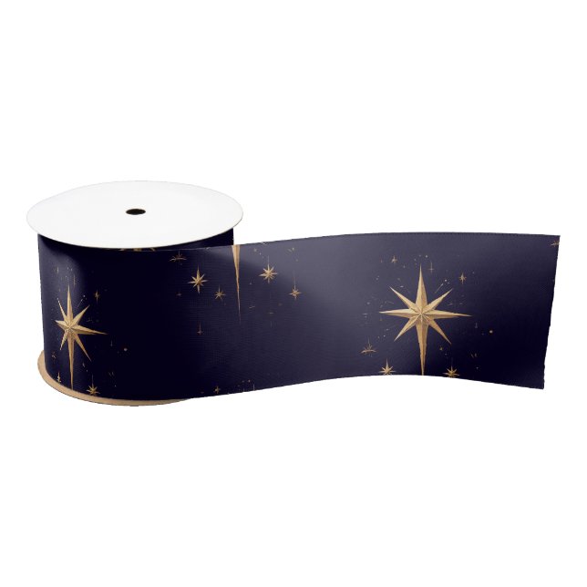 Elegant Gold North Star on Deep Blue Background Satin Ribbon (Spool)