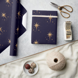 Elegant Gold North Star on Deep Blue Background Wrapping Paper